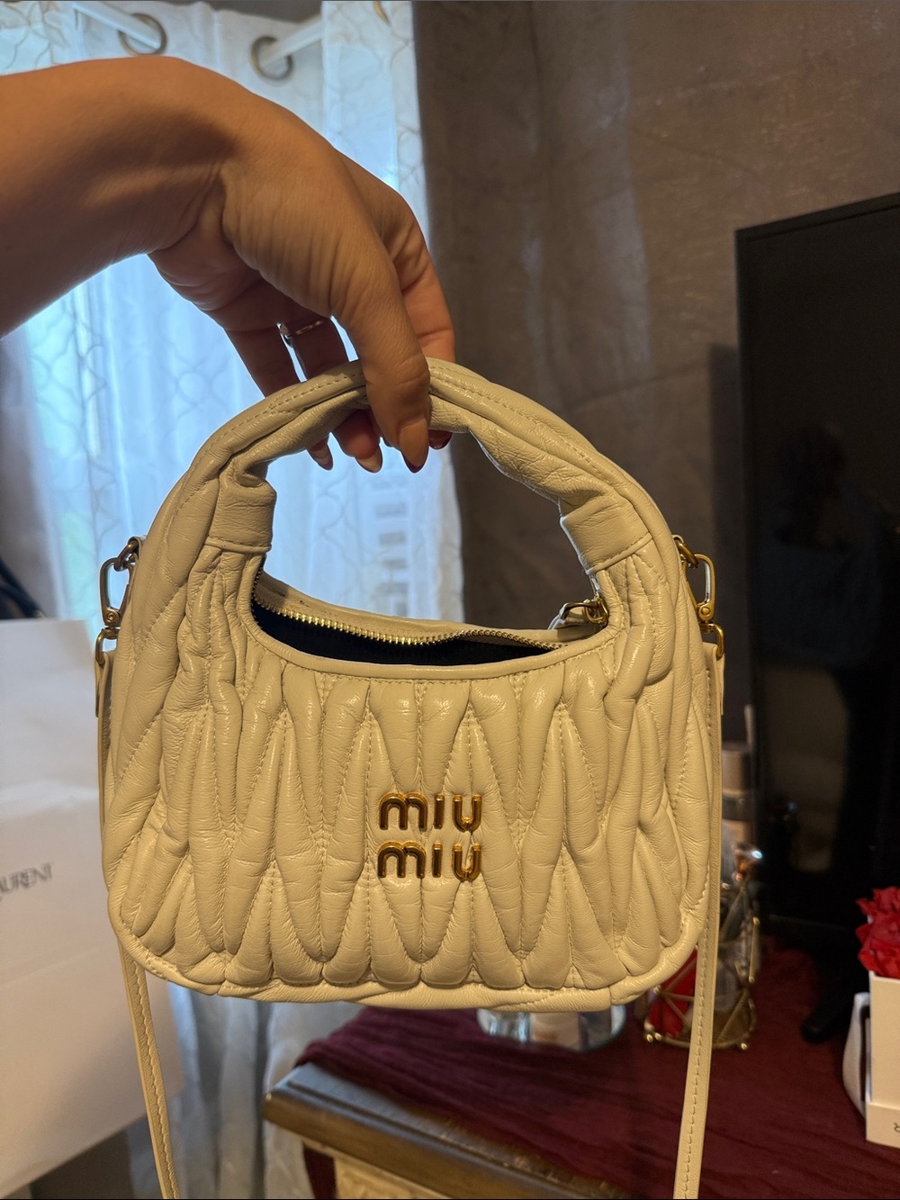 Second Hand Miu Miu Cream Quilted Matelassé Mini hand Bag with Gold Hardware - Picture 12 of 16